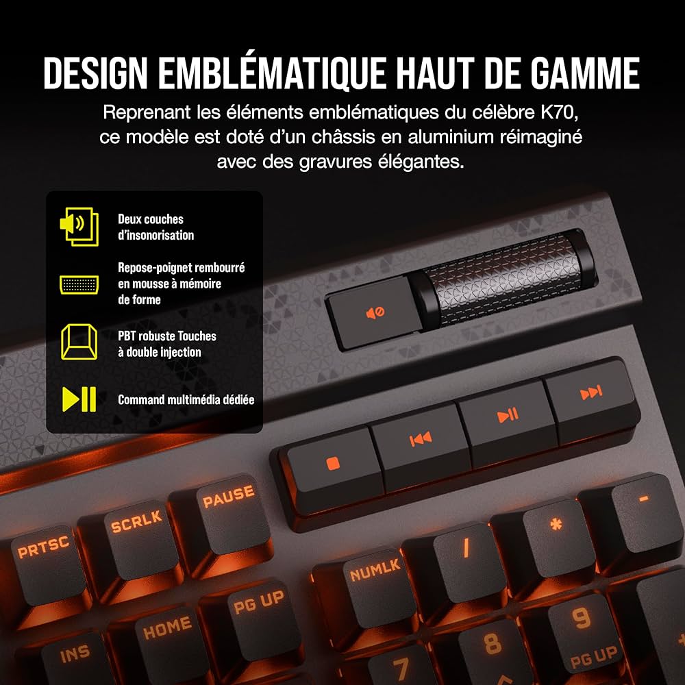 Clavier gaming CORSAIR K70 MAX RGB avec switches MGX Réglables et éclairage RGB personnalisable